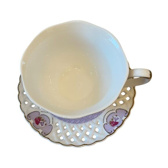 Grace Teaware Teacup & Saucer Floral Lavender Rose Lattice Gold Accents New - Picture 8 of 16